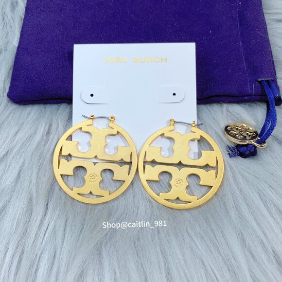 NEW Tory Burch Inlay Leather Miller Hoop Statement Earrings in Gold/BK Leather - Picture 5 of 5